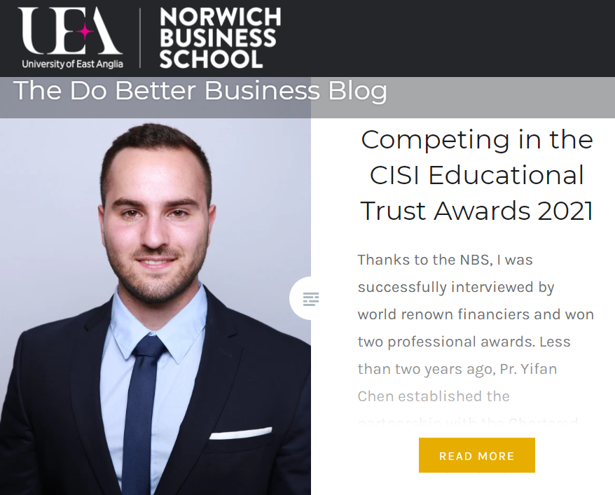 Elliot Bramham Winning the Chartered Institute for Securities & Investment (CISI) 2021 Trust Award