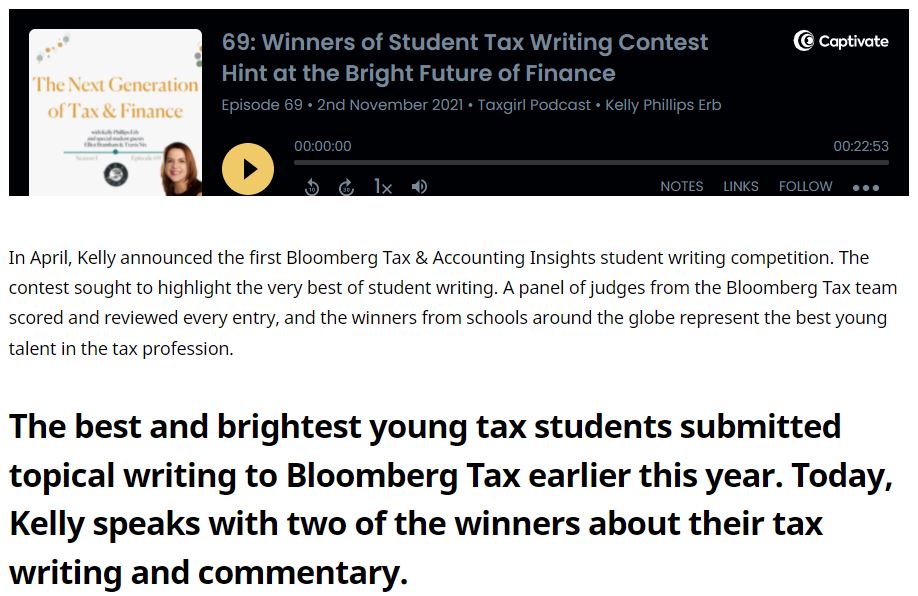 Elliot Bramham on the Taxgirl Podcast with Kelly Phillips Erb after Winning the Bloomberg Insight Tax Writing Student Competition