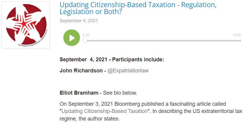 Updating citizenship based taxation. John Richardson Podcast appearance.